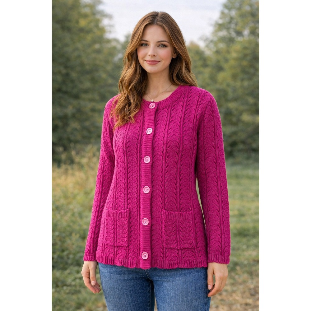 Jenny Women's Vintage Fuchsia Pink Pointelle Knit Button‎ Cardigan Sweater Large